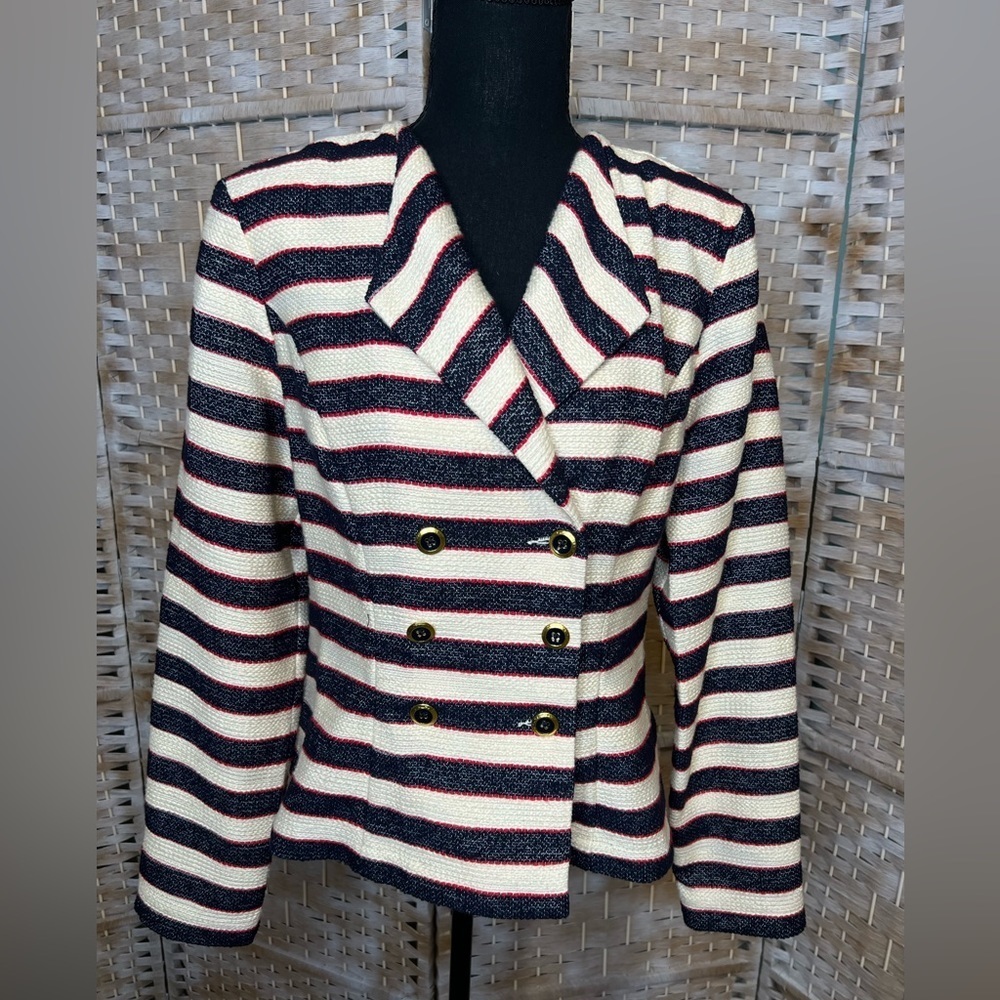 Cabi Nautical Stripe Double Breasted Blazer | Blue Cream Red Size 6